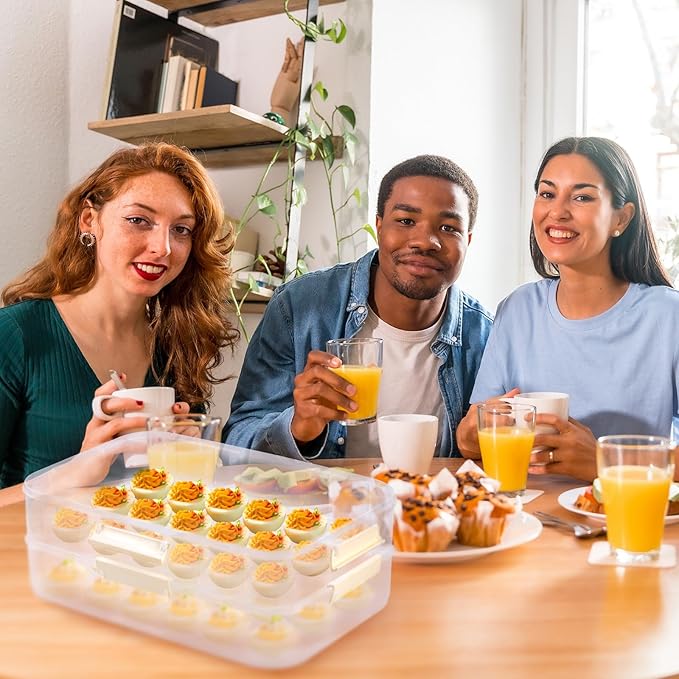 2-Layer Deviled Egg Container With Lid, 36 Slots Egg Tray Carrier With Handle and Injector Piping Tool, Portable Storage Platter for Party Picnic Travel (Orange)