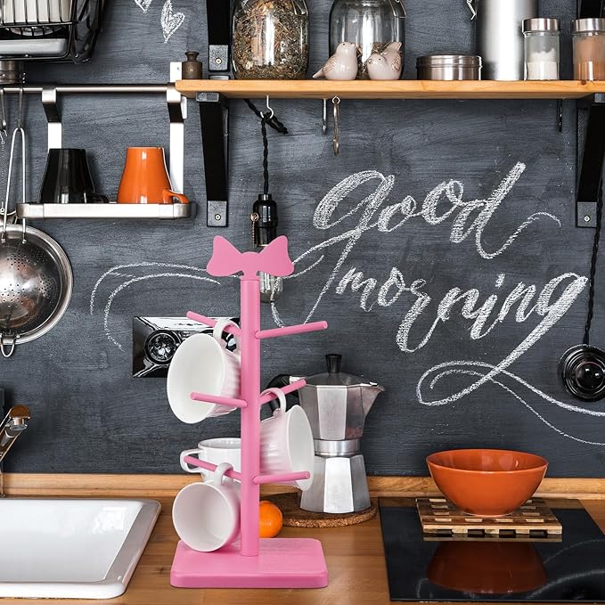 Pink Coffee Cup Holder Bow Mug Tree Pink Kitchen Coffee Bar Accessories Decorative Wooden Cup Holder with 6 Hooks Coquette Mug Rack Stand Cute Decor for Wedding Home Countertop Organizer