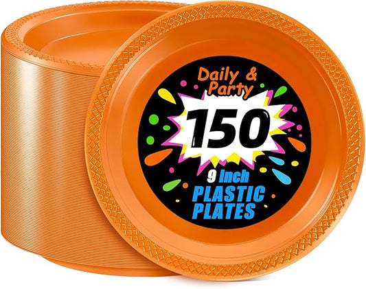 WELLIFE Orange Party Plates 9 Inch -150 Count, Plastic Disposable Dinner Plates for Party Easter Picnic BBQ Wedding Engagement Birthday