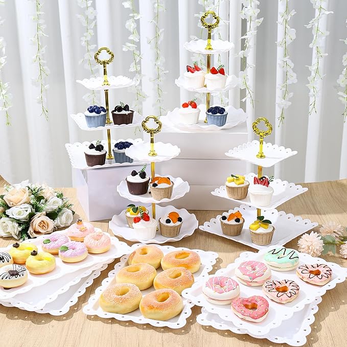 Frigg Dessert Table Display Set,10Pcs Cake Stand,4 Pcs 3 tiered Cupcake Stands and 6 Pcs Dessert Trays serving trays for Party Baby Shower Wedding Tea Party Decorations