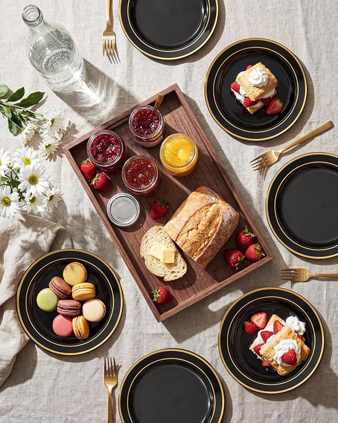 bUCLA 200PCS Black and Gold Plastic Plates - 6.25inch Black with Gold Rim Disposable Dessert/Salad/Appetizer/Small Cake Plates - Ideal for Party & New Year
