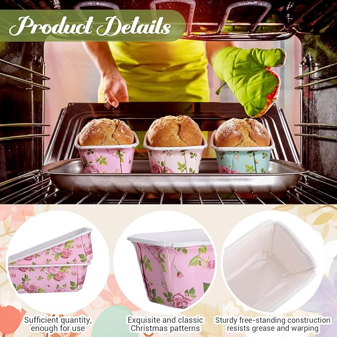 LemonRoad 48 Sets Spring Paper Loaf Pan for Baking 6.3 x 2.2 x 2.2 Inch Small Disposable Rose Flower Baking Pans with Clear Plastic Bags and Ties Rectangle Cake Mold for Bread Tea Party Supply Gift