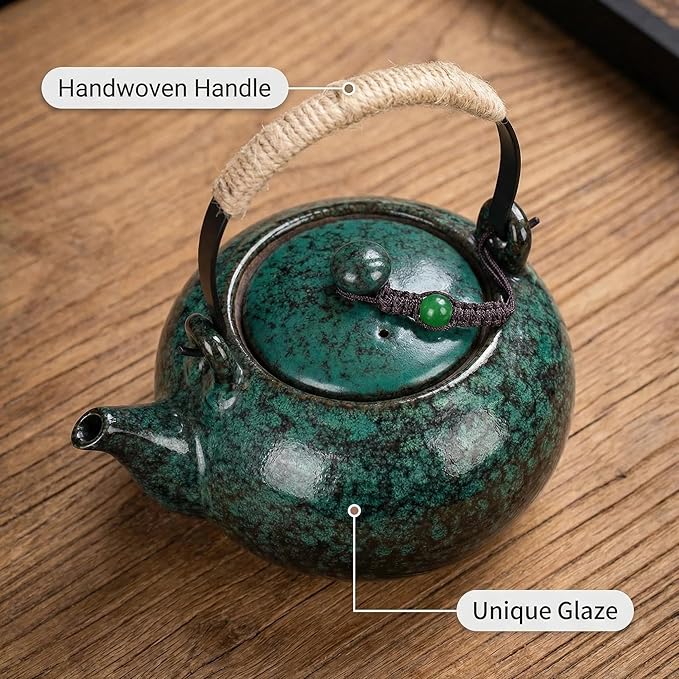 Japanese Ceramic Teapot with Infuser, Removable Stainless Steel Filter for Loose Tea, 25 OZ/750ml, Pine Green, for Office Home Men Women as Gift