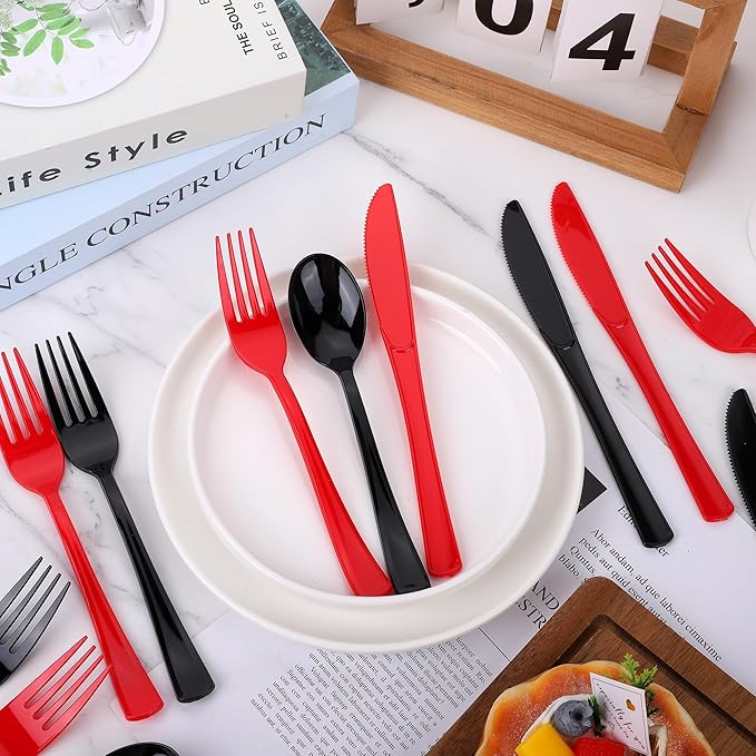 Kochorie 300 Pcs Black and Red Graduation Plastic Silverware, Disposable Plastic Utensils, Heavy Duty Cutlery Set Heavyweight Congrats Grad Flatware, Spoons Forks Knifes for Graduation Party Supplies