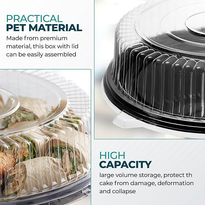 12" Catering Trays with Lids [10 Pack], Black Serving Tray with Clear Lid, Plastic Disposable Round Party Trays and Platters, Flan Containers with Lids, Dessert Sandwich Cookie Food Trays for Parties