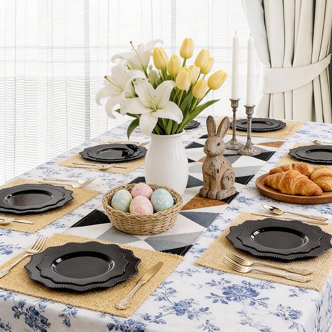COLOSUS Black Plastic Plates Set,Heavy Duty Black Disposable Plates for 30 guests,Include 30PCS 10.5inch Dinner Plates and 30PCS 8.25 inch Dessert Plates for Party/Wedding/Birthday