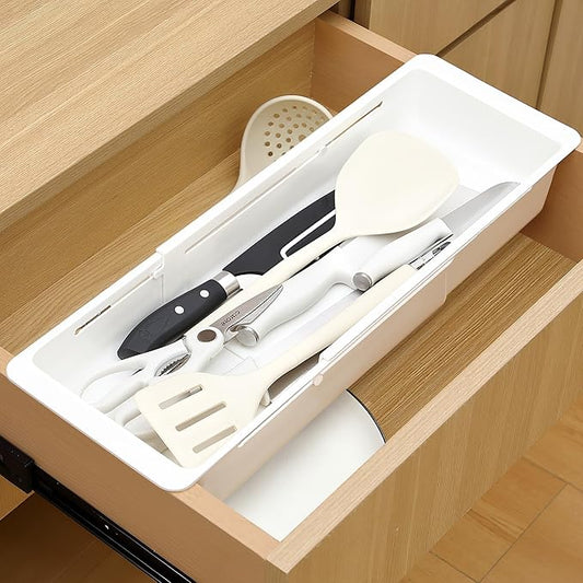 2 Pack Deep Drawer Organizer Bins, Sliding Drawer Organizer Bin Expandable and Adjustable Tray for Kitchen Utensils, BBQ Tools, Towels, Durable Plastic Sliding for Easy Storage(17.4-27.6")