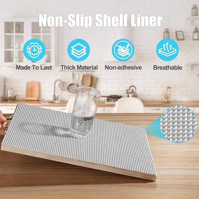 Songrey Non-Adhesive Drawer and Shelf Liner, Non Slip Cabinet Liners, Protect Kitchen Cupboard, Bathroom Drawers, Breathable, Thick Strong Grip mat (17.5IN x 20FT, Light Gray)