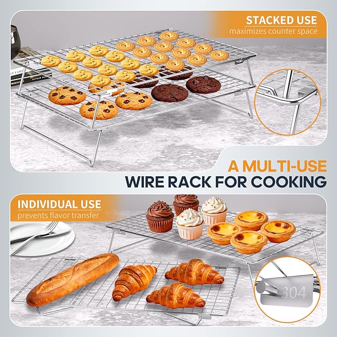 2 Tier 304 Stainless Steel Cooling Rack for Cooking and Baking, Oven Safe Wire Rack for Baking Sheet w/Silicone Tong, 13.4" x 9.4" Cookie Cooling Rack for Pizza, Bread, Stackable Baking Rack