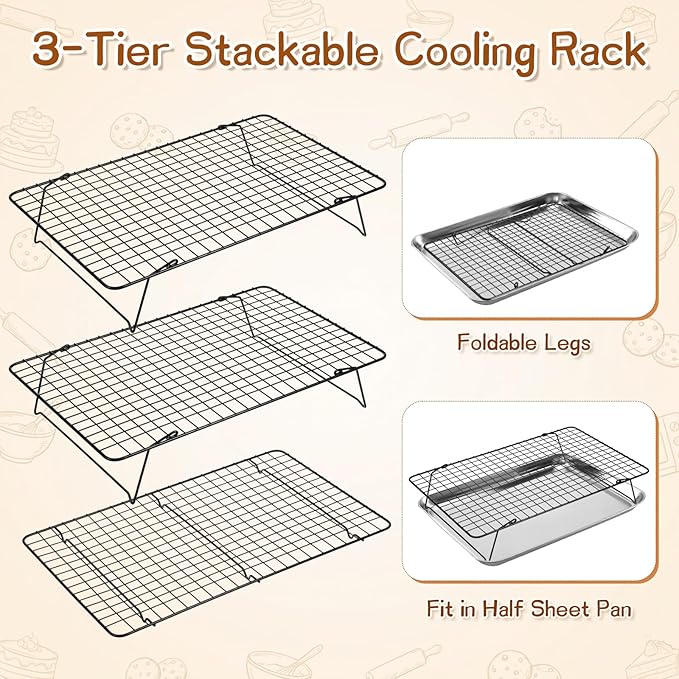 3-Tier Stackable Cooling Rack, 16.5 x 12 Inch Wire Racks, Detachable Cooling Racks with Legs, Carbon Steel Baking Rack, for Baking Cooking Grilling, Oven and Dishwasher Safe