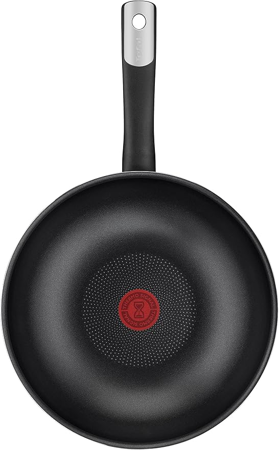 Tefal C38819 Hard Titanium Essential Wok Pan 28 cm | Non-Stick Coating with Titanium Particles | Thermal Signal Temperature Indicator | Dishwasher Safe | Made in France | Black