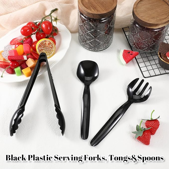 36 Pcs Black Plastic Serving Utensils Set, 9'' Disposable Serving Spoons Forks Tongs for Servings Food Heavy Duty Party Utensils for Dinner Parties Buffets Banquets Birthday Weddings Daily Use