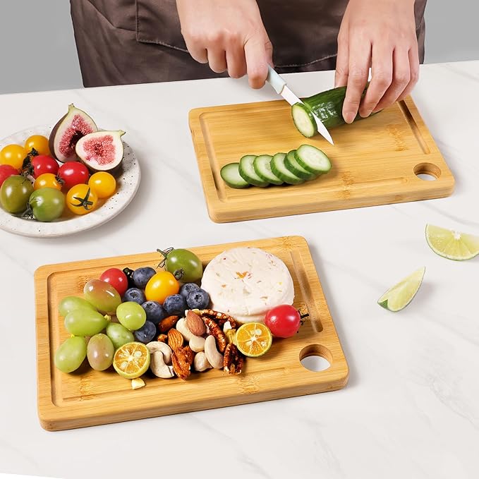 2 Packs Small Bamboo Wood Cutting Board for Kitchen 8.6" x 6" Mini Wooden Charcuterie Boards Lightweight Chopping Board Non Toxic Serving Board Tiny Chef Set Camping Fruit Lemon Sandwich Cheese Board