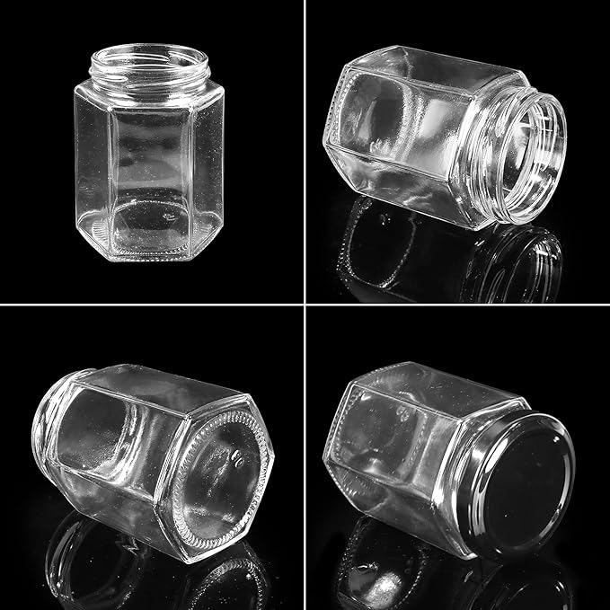 Betrome 6oz Hexagon Glass Jars, 30 Pack with Black Lids - 180ml Clear Glass Canning Jars for Honey, Spices, Jams, Shower Favors, Wedding Favors and Craft - Includes 1 Pen and Labels