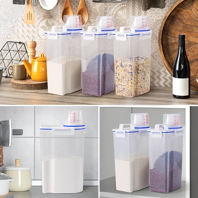 6 Pcs Set Rice Storage Container, Flour Dispenser with Pouring Spout & Measuring Cup, Kitchen Plastic Dry Food Storage Bin for Grain Oatmeal Snacks Pet Dog Food