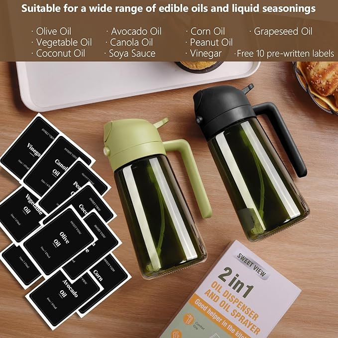 Olive Oil Dispenser and Oil Sprayer – 16oz/470ml Glass Light-Proof Oil Pourer for Kitchen, Air Fryer, Cooking, Salad, and BBQ