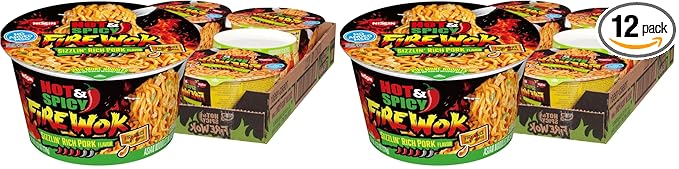 Nissin Hot & Spicy Fire Wok,Sizzlin' Rich Pork,4.37 Ounce,(Pack of 12)