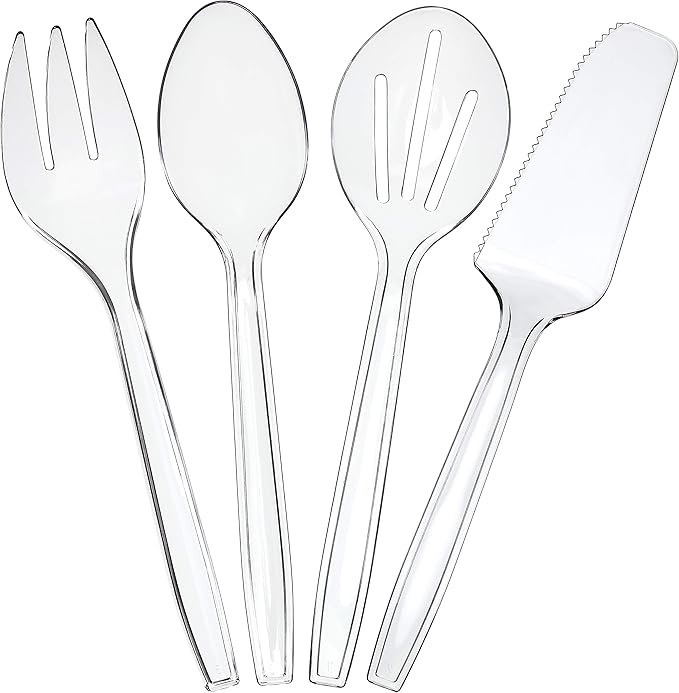 Plasticpro Disposable Plastic Serving Utensils Set of 12, 3 Spoons, 3 Forks 3 Knives, 3 Sifting Spoons, Clear Heavyweight