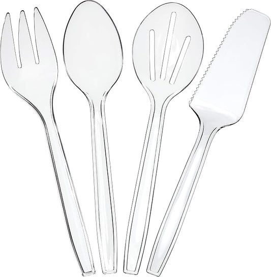 Plasticpro Disposable Plastic Serving Utensils Set of 12, 3 Spoons, 3 Forks 3 Knives, 3 Sifting Spoons, Clear Heavyweight