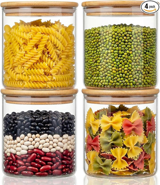 21oz - 4 Pack Glass Jars with Bamboo Lids, Glass Food Storage Containers with Airtight Lids, Air Tight Pantry Storage Containers for Coffee, Sugar, Spice, Meal Prep Jars for Salad & Fruit