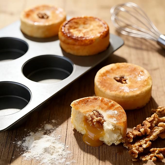 6 Cup Straight Side Jumbo English Muffin Cupcake Pan with Lid, Nonstick Hamburger Burger Bun Mold Muffin Pan for Baking Egg Sandwich Frittata Cinnamon Roll Focaccia Quiche Pancake