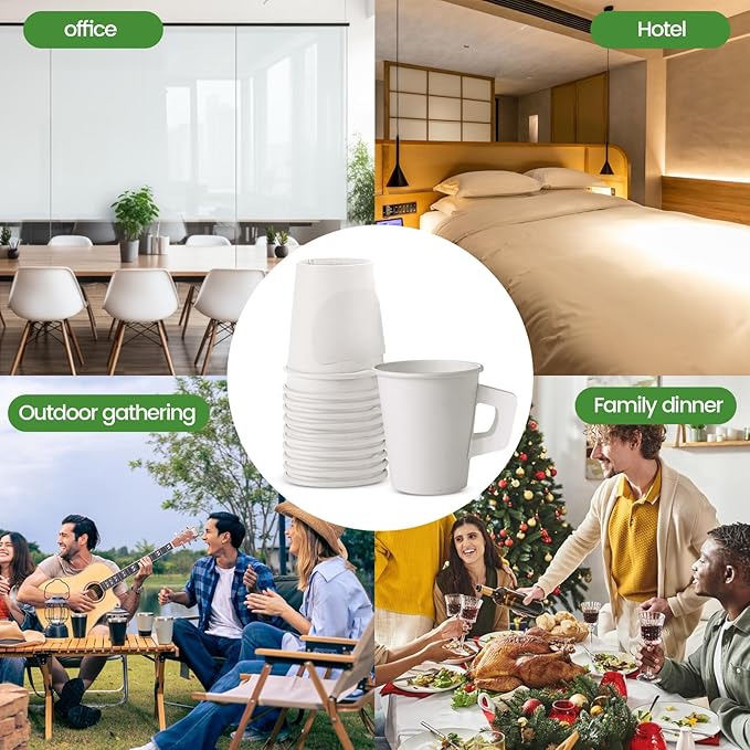 Disposable Tea Cups for Tea Party,8 Oz Paper Coffee Cups with Handles,Disposable Paper Cups for Hotel Motel Room Home Cafes Bistros Parties(50 Pcs)