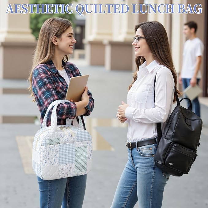 Quilted Lunch Box for Women,Coquette Aesthetic Lunch Box for Teen Girls,Cute Floral Lunch Bags for Work, School,Office,Picnic,Travel (green blue pin)
