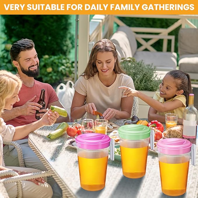 Honeydak 6 Pcs 70 Oz Round Clear Plastic Pitcher with Lid & Handle for Water Iced Tea Beverages (6 Packs Assorted Color) Jarras Para Aguas Frescas Plastic Pitcher for Easy Pouring