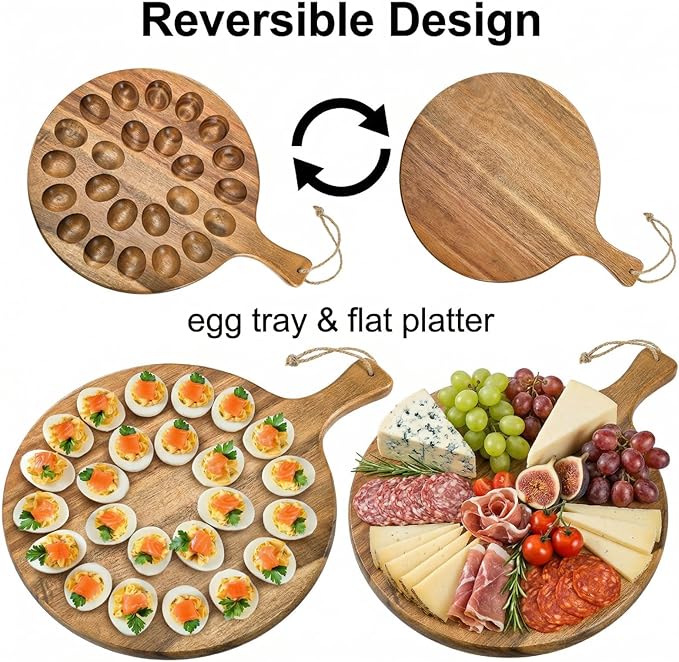 Okllen 24 Holes Round Acacia Wood Deviled Egg Platter with Handle, Deviled Egg Tray Holder for Easter, Gathering, Thanksgiving & Parties