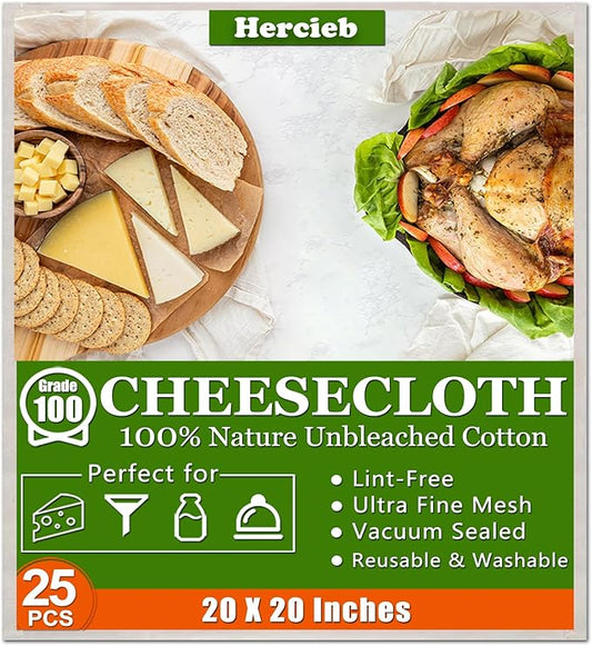 25 Pcs Cheese Cloths for Straining, 20x20 Inch Grade 100 Precut Cheese Cloth With Fabric Fine Mesh Cloth, 100% Unbleached Cotton, Reusable Muslin Cheesecloth for Straining, Juicing, Cooking Turkey