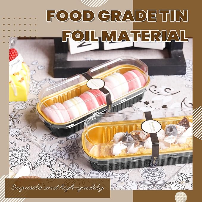 50 Pack Mini Loaf Pans with Lids Rectangle Individual Cake Pans Aluminum Foil Pans for Large Gatherings Picnics Vacations Parties (Black Gold, 6.8 OZ)