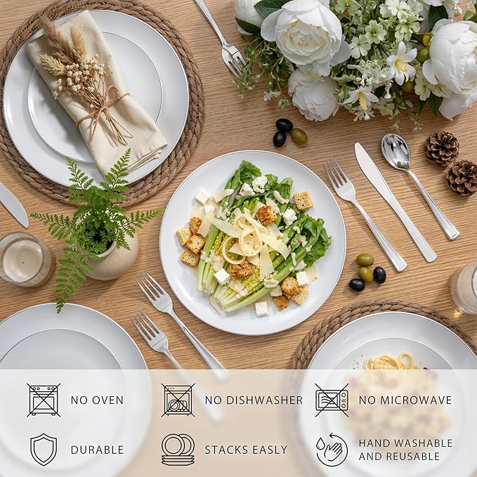 KIRE 200PCS Silver Plastic Plates - White Plastic Plates with Silver Rim Include 100 Dinner Plate and 100 for Dessert/Salad Plate for Birthday/Wedding/Party