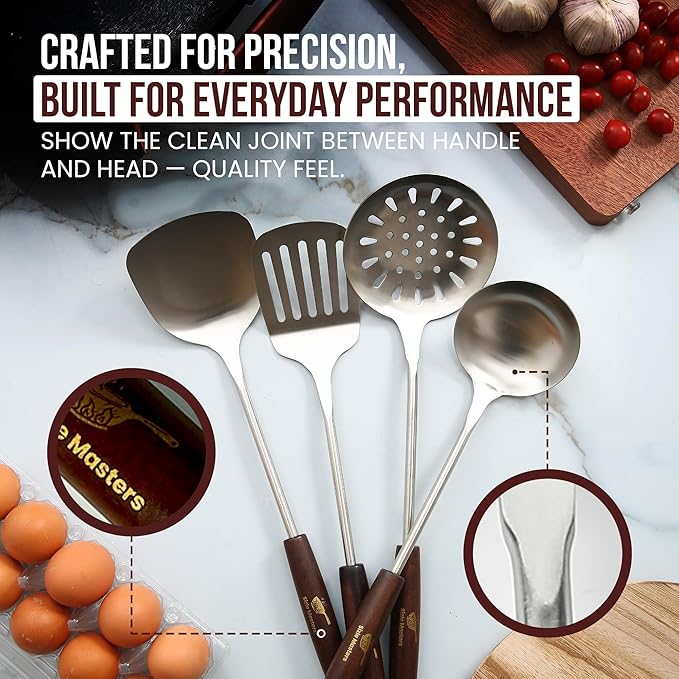 Pre-Seasoned Cast Iron Nonstick Stir-Fry Pan | Dual Handles & 4 Spatulas | Flat Bottom Wok with Wooden Lid & Wood Handle | Traditional Chinese Induction Wok (34cm)