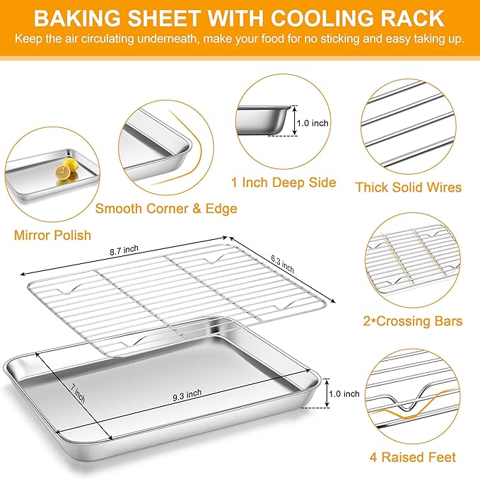 Homikit Baking Sheet with Wire Rack(1 Pan + 1 Rack), 9 x 7 Inches Stainless Steel Small Baking Pan with Cooling Rack, Mini Metal Cookie Bacon Tray for Toaster Oven Baking, Rust Free & Dishwasher Safe