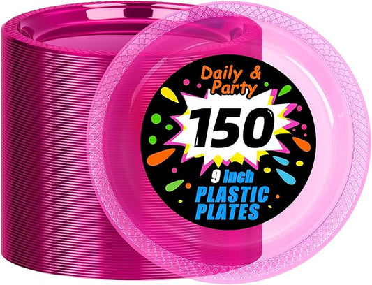 WELLIFE Neon Pink Party Plates 9 Inch -150 Count, Translucent Pink Plastic Disposable Dessert Plates for Fluorescent Neon Theme Party Cake Appetizers Valentine's Day Easter Baby Shower Mother's Day