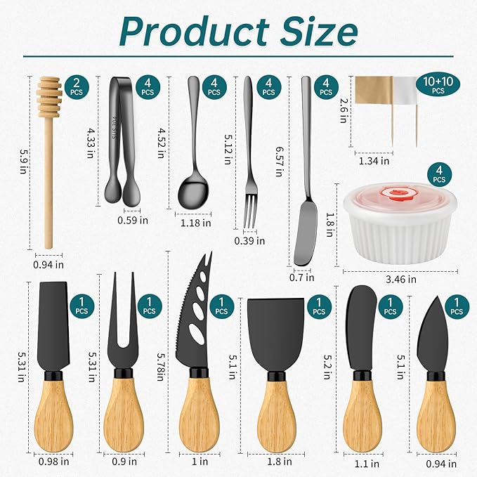 Charcuterie Boards Accessories Bowls, Cheese Knife Set Mini Butter Spreader, Serving Tongs, Forks, Spoons, Dipping Bowls with Lids, Toothpick Flags, Honey Dippers For Party Platter Making (Black)