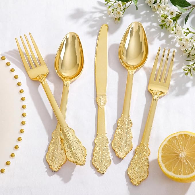 Supernal 360pcs Gold Plastic Silverware,Disposable Silvereware Heavy Duty, Gold Plastic Cutlery, 120 Plastic Forks and Spoons,Knives Perfect for Birthday, Wedding Halloween Thanksgiving Chirstmas