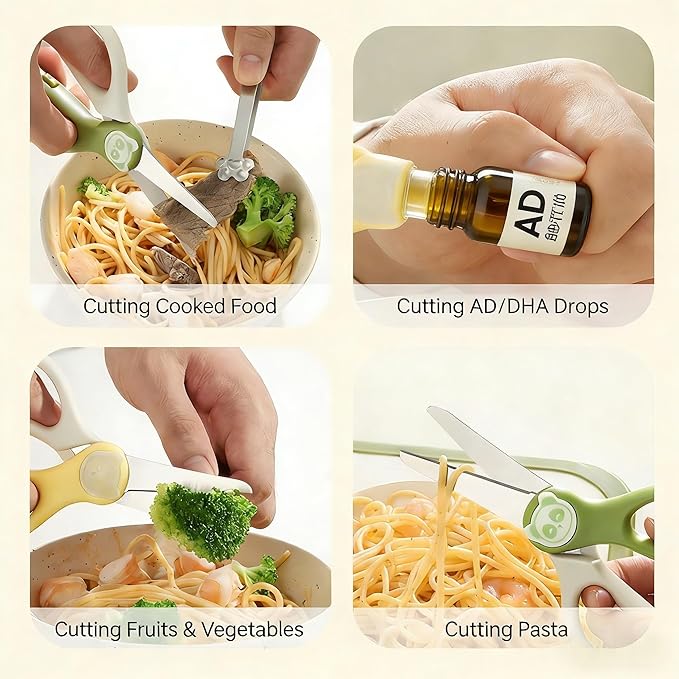Baby Food Scissors Kicthen Shears,Kids Scissors Stainless Steel Scissors with Travel Storage Case - Ideal for Cutting Meat, Chicken, Vegetables, and Fruits - Green