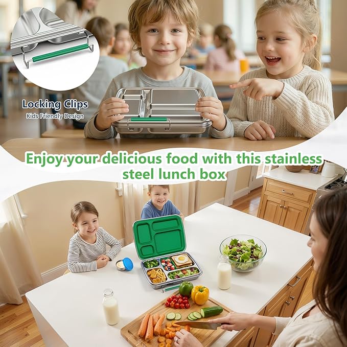 Stainless Steel Bento Lunch Box for Kids & Adults, 4 Compartment Kids Lunch Box, Metal Bento Box with Silicone Container and Stainless Steel Sauce Container,BPA-Free,School,Office(Green)