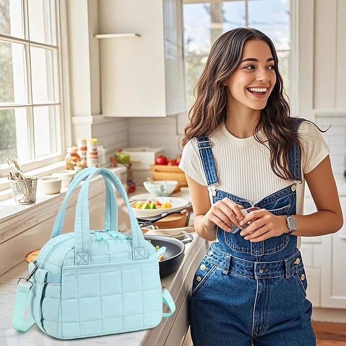 LEDAOU Lunch Box for Women Lunch Bag Quilted Puffer Lunch Box with Adjustable Strap Insulated Reusable LunchBox for Work School Picnic Travel (Sky Blue)