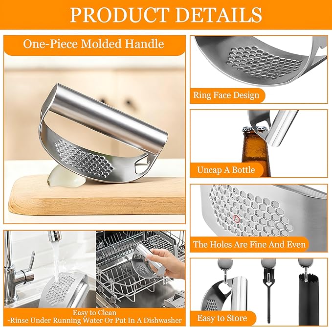 Garlic Press Rocker,Stainless Steel Garlic Mincer,Garlic Crusher w/Ergonomic Handle,Built-in Bottle Opener,Garlic Chooper with Peeler&Cleaning Brush,Essentials Kitchen Gadgets for Effortless Smashing