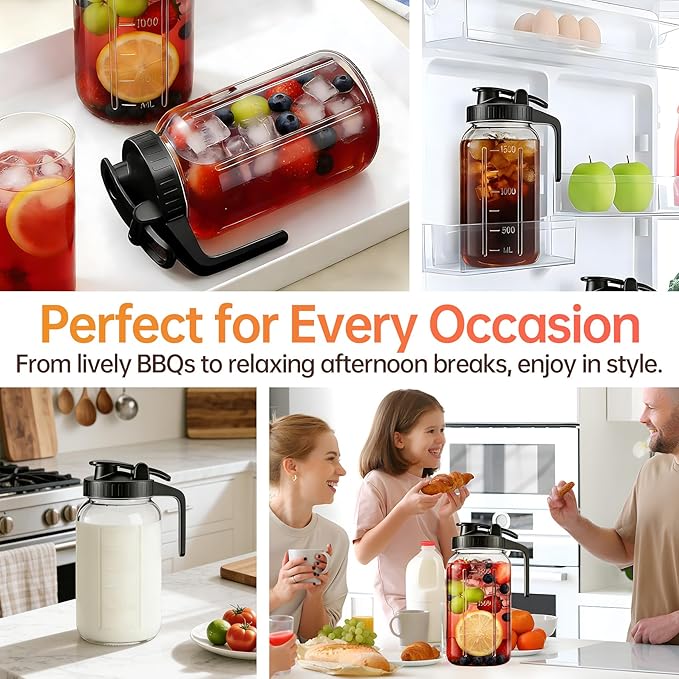 64oz Glass Pitcher with Lid & Spout – 2 Quart Mason Jars, Airtight & Leakproof Breastmilk Pitcher for Cold Brew Coffee, Sun Tea, Water, Juice – Wide Mouth, Fridge Safe