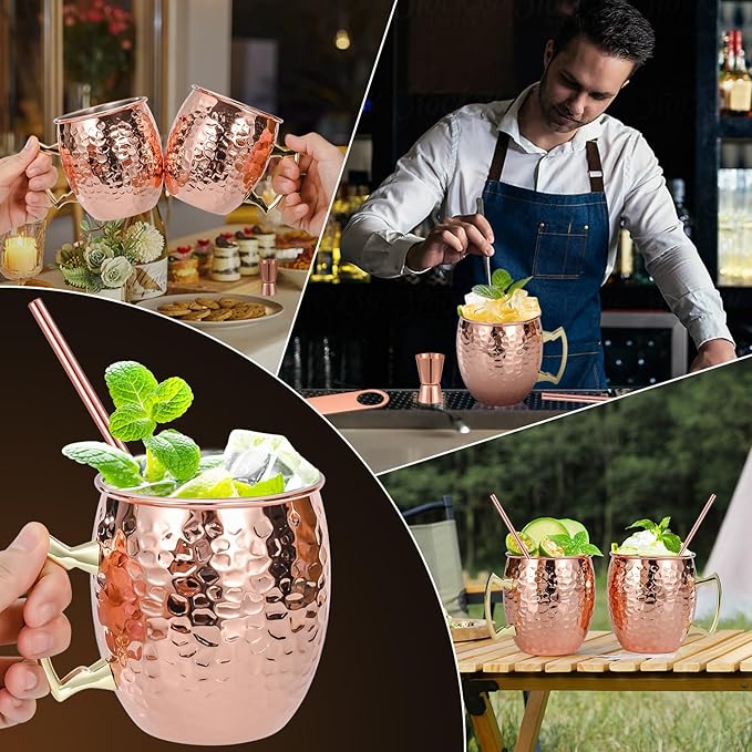 Moscow Mule Mugs Set of 4, 16 OZ Hammered Copper Cups with 304 Stainless Steel Lining and Gold Brass Handles, Includes Straws, Opener, Jigger, Brush, Fit for Cold Drinks, Bars, Parties