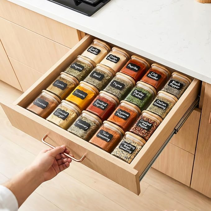 20 Pack 4 oz Square Glass Spice Jars with Lids and Labels – Airtight Small Seasoning Containers Set, Clear Glass Storage Jars for Seasoning, Spices, Kitchen Pantry Organization