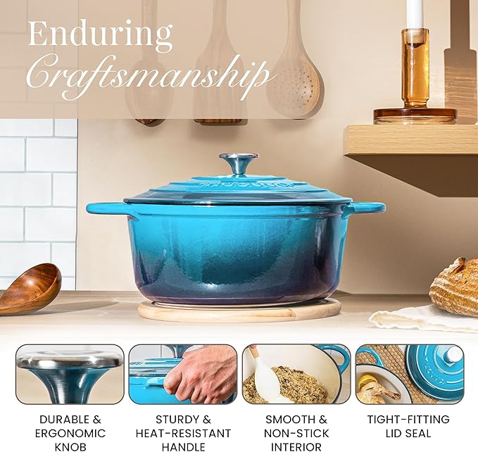 Cast Iron Dutch Oven with Lid – Non-Stick Ovenproof Enamelled Casserole Pot – Sturdy Dutch Oven Cookware – Blue, 7.3-Quart, 30cm – by Nuovva