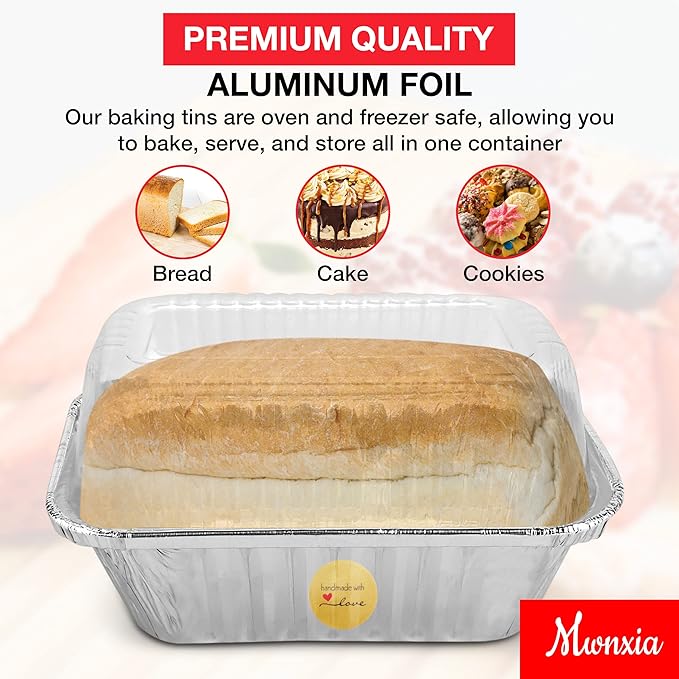 Mini Loaf Pans with Lids 50 Pack Small Aluminum Pans with Lids 6x3.5x2 complete with Baked with Love Stickers for Baking Bread, Fruit Cake, Banana Bread, Meatloaf and Baked Goods