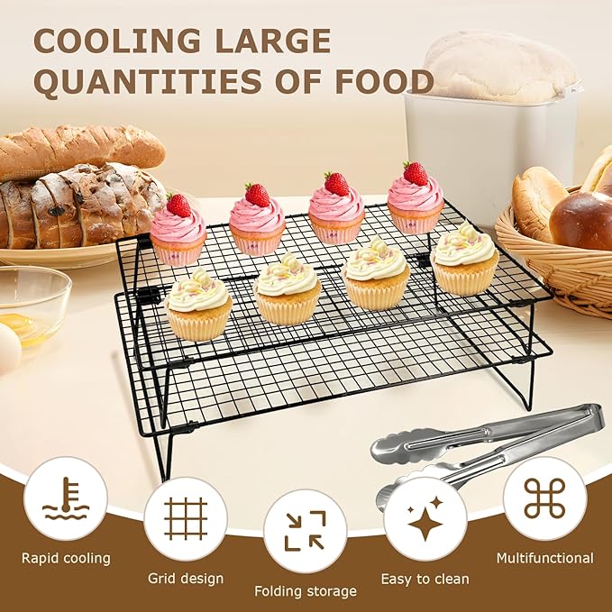 2-Pack 16.9x11inch Cooling Rack with Collapsible Legs & Stainless Steel Food Tongs - Folding Cooking Baking Grilling Rack for Oven, Drying, Roasting (Black)