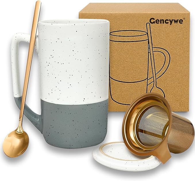 Ceramics Large Tea Cup with Loose Leaf Infuser, Spoon and Lid, 16 oz Tall Coffee Mug, Microwave and Dishwasher Safe, Rustic Matte Ceramic Glaze, Tea Strainer (Gray)