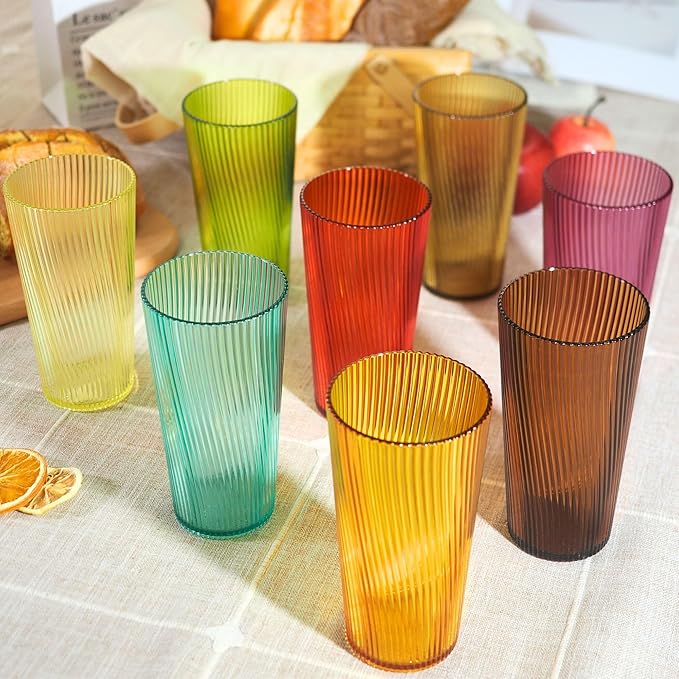 Plastic Drinking Glasses Set of 8, 19oz Unbreakable Kitchen Cups for Kids Dishwasher Safe Reusable Cups BPA Free Stackable Acrylic Tumbler for Kitchen, Bar, Holiday, Party, Dinner