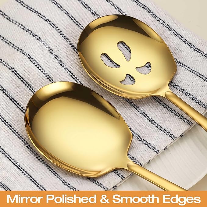 Extra Large Serving Spoons Set 11.7-Inch Gold Serving Slotted Spoon and Serving Spoon 18/8 Stainless Steel Big Serving Utensil for Buffet, Parties, Catering - Dishwasher Safe(2-Pack, Gold)